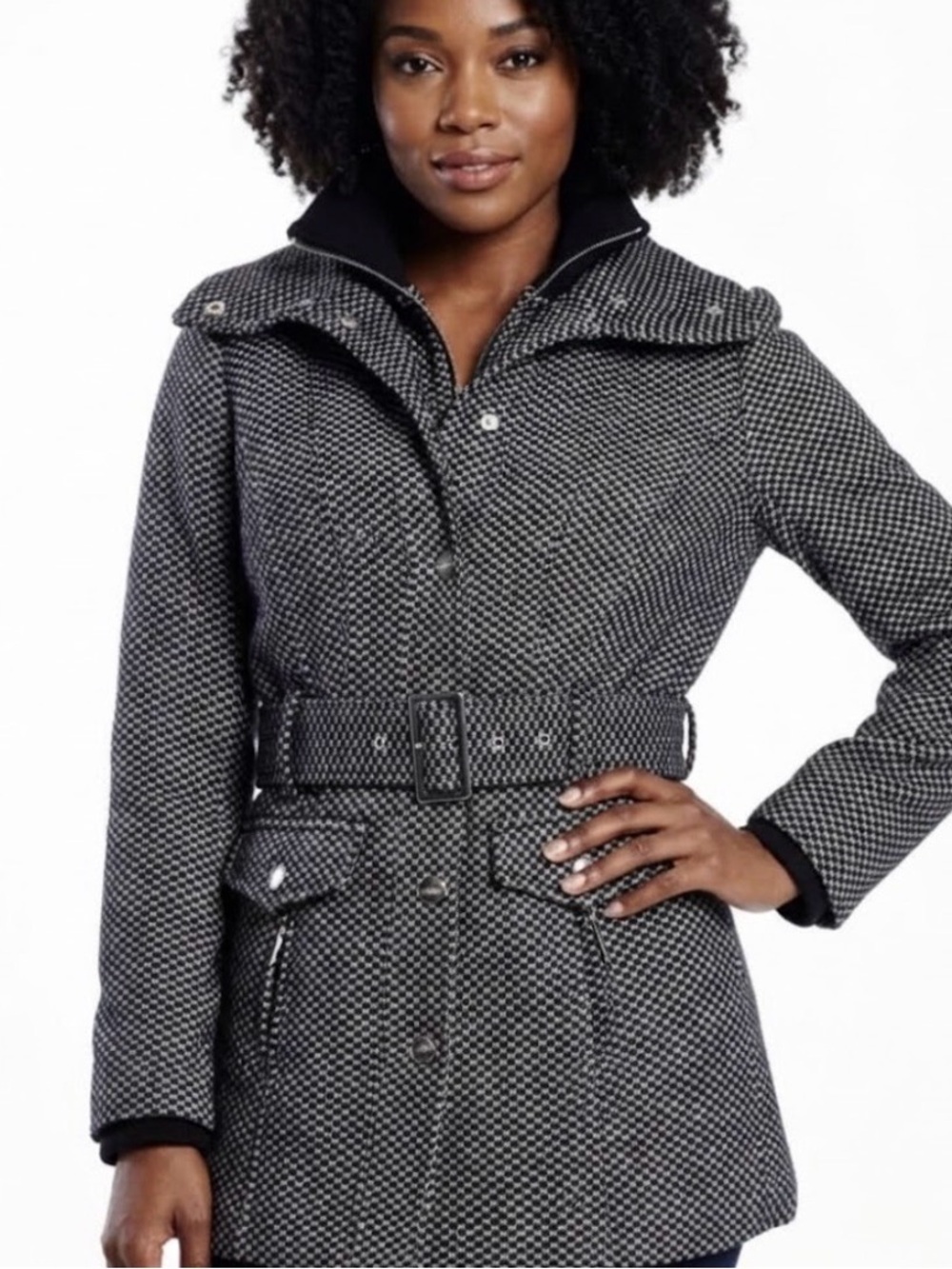 Guess Woven Black & White Belted Trench Coat Jacket